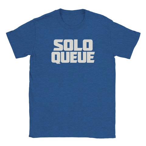Solo Queue-texttryck i vitt på en mörkblå melerad t-shirt.