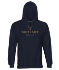 Gyllene hjorthuvud och text "Skitjakt Original" på mörkblå hoodie.