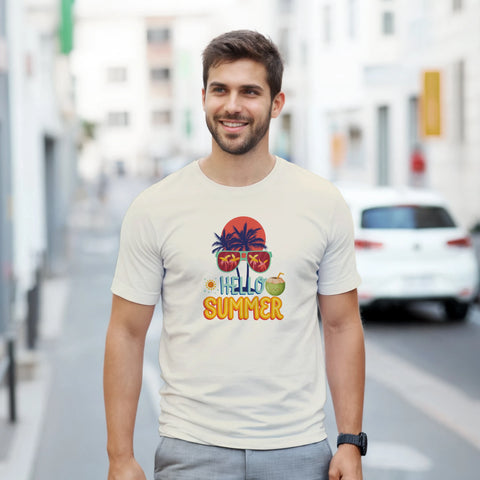 Sommar-tryck med palmträd, solglasögon, kokosnöt, texten "Hello Summer" på vit t-shirt.