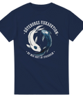 Grafiskt tryck med cirklande fiskar och texten Göteborgs Fiskauktion på marinblå t-shirt