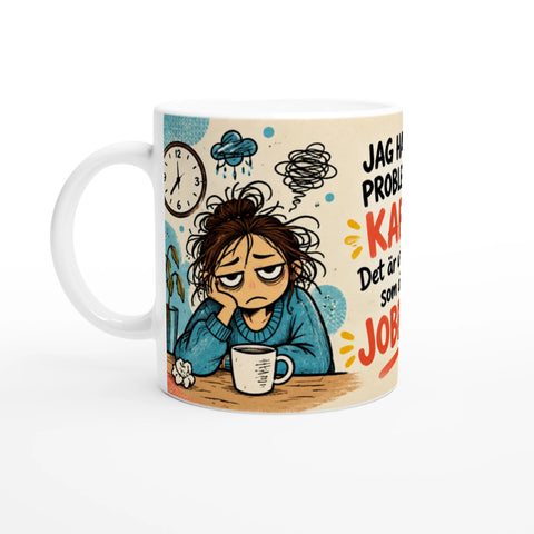 Illustration av morgontrött kvinna med rufsigt hår på en kaffemugg