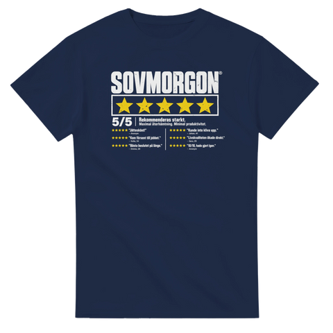 Grafiskt tryck med fem stjärnor och recensioner om sovmorgon på marinblå t-shirt