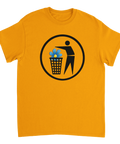 Grafiskt tryck med politiskt budskap mot SD på en orange t-shirt
