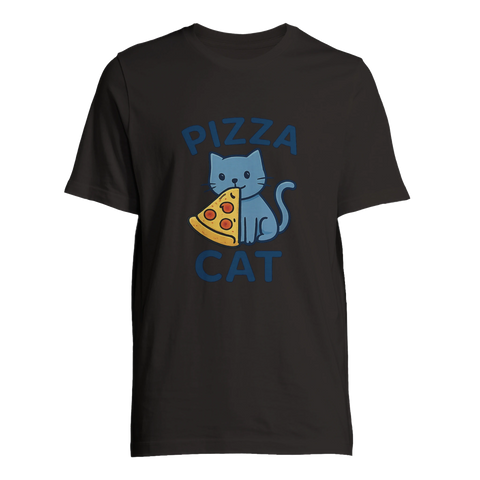 Svart t-shirt med lekfullt Pizza Cat-motiv och blå typografi