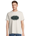 Minimalistiskt skogsmotiv med ljudvåg och reflektion på ljusbeige ekologisk t-shirt.