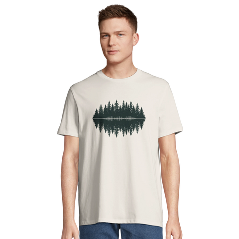 Minimalistiskt skogsmotiv med ljudvåg och reflektion på ljusbeige ekologisk t-shirt.
