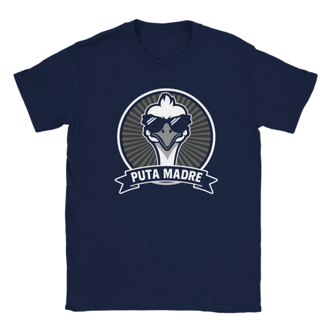 Marinblå t-shirt med grafiskt tryck av en kaxig struts och spanskt citat