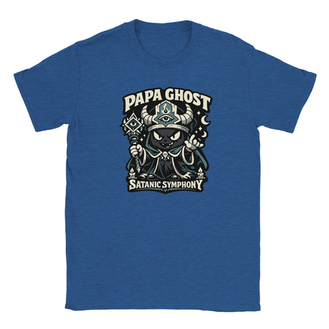 Blå melerad t-shirt med Papa Ghost motiv – lekfull men mörk karaktärsdesign