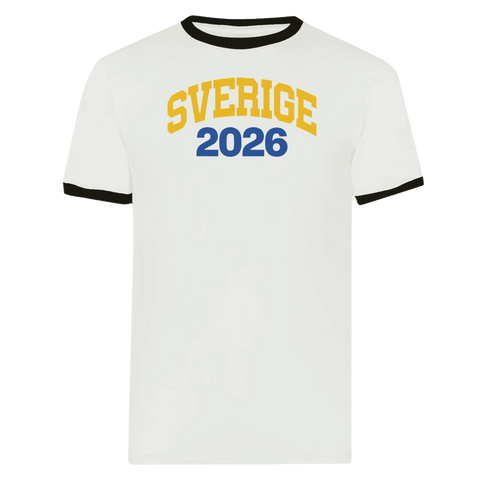 Retro sporttryck med texten Sverige 2026 i gult och blått