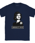 Sarkastisk kvinna med hatt och örhänge, text "ABSOLUT INTE" i vit ram, på mörkblå t-shirt.