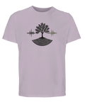 Lila t-shirt med ett stilrent motiv som kombinerar natur och ljud