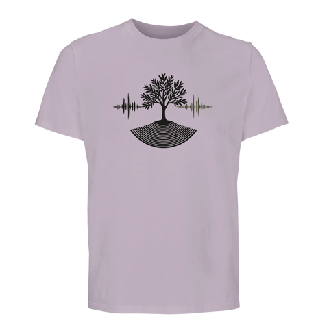 Lila t-shirt med ett stilrent motiv som kombinerar natur och ljud