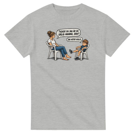 Gråmelerad t-shirt med roligt citat-tryck om föräldraskap och torr familjehumor