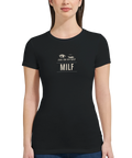 Jag är en kåt MILF" text med ögon och blinkning på svart dam t-shirt.