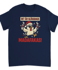 Retroinspirerad jullogotyp med kyckling och solglasögon på mörkblå t-shirt