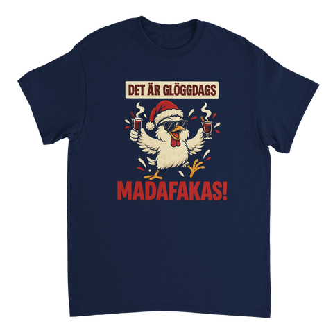 Retroinspirerad jullogotyp med kyckling och solglasögon på mörkblå t-shirt