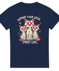 Streetwear-design med texten Support Your Local Street Cats på marinblå t-shirt