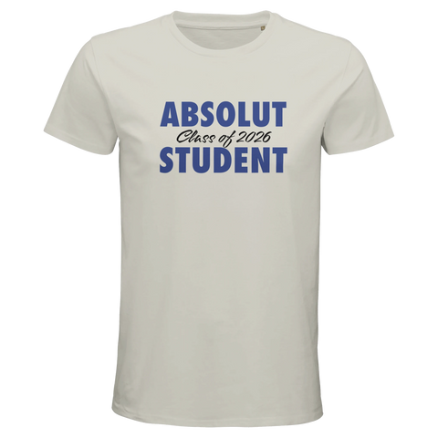 Absolut Student 2026 tryck i blått på en vit premium herr t-shirt.