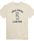 Vintage kampanjstil med arg ko och laktos-citat på beige t-shirt