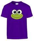 Kermit-ansikte med stora ögon och leende på lila barntröja.