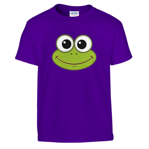 Kermit-ansikte med stora ögon och leende på lila barntröja.