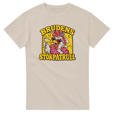 T-shirt med en festglad höna i slöja och texten Brudens stökpatrull