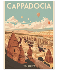 Närbild på en reseposter föreställande Turkiets bergslandskap med texten Cappadocia och Turkey i ett minimalistiskt typsnitt.