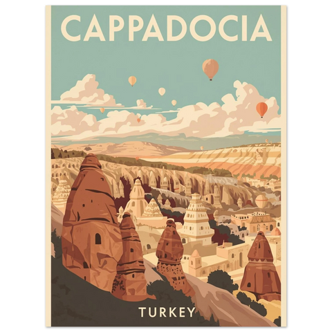 Närbild på en reseposter föreställande Turkiets bergslandskap med texten Cappadocia och Turkey i ett minimalistiskt typsnitt.
