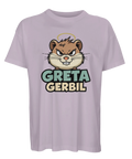 Tecknad arg gerbil med gloria och texten "GRETA GERBIL" på en lila ekologisk oversized t-shirt.