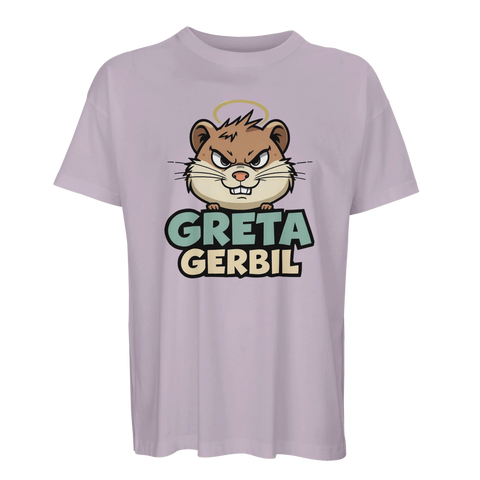 Tecknad arg gerbil med gloria och texten "GRETA GERBIL" på en lila ekologisk oversized t-shirt.