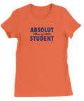 Absolut Student 2026-tryck i mörkblått på en orange premium dam-t-shirt.