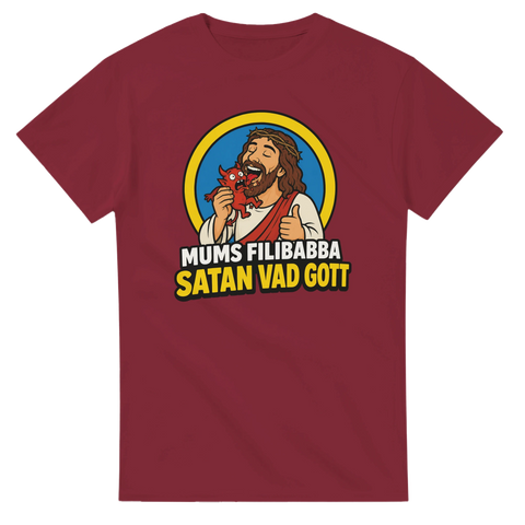 Mums filibabba motiv med Jesus och djävulen på mörkröd t-shirt