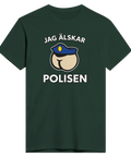 Satiriskt tryck "Jag älskar polisen" med tecknad rumpa i polismössa på mörkgrön t-shirt.
