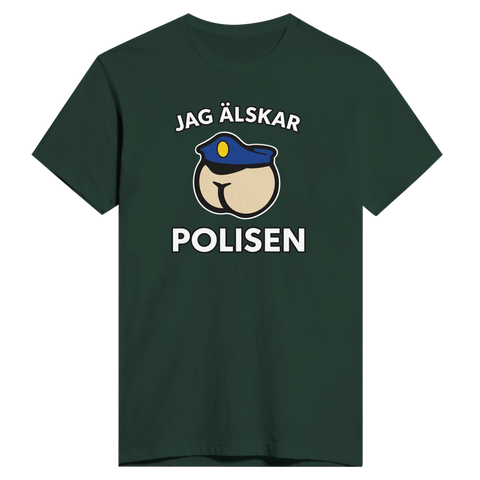 Satiriskt tryck "Jag älskar polisen" med tecknad rumpa i polismössa på mörkgrön t-shirt.
