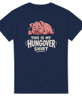 Humoristisk design med en utmattad gris på en mörkblå t-shirt
