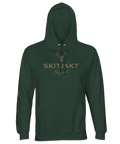 Detalj av hjorthuvud med text "Skitjakt Original" på mörkgrön hoodie.