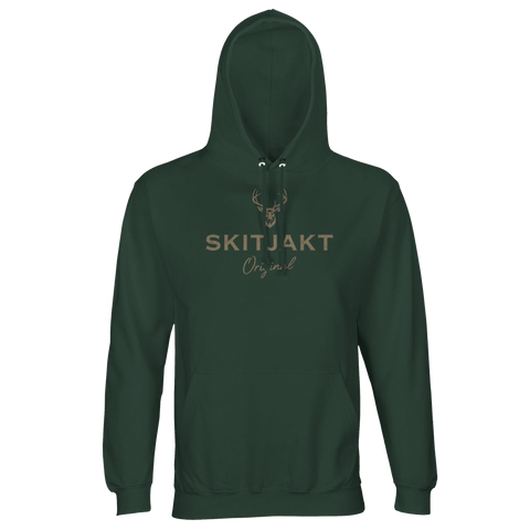 Detalj av hjorthuvud med text "Skitjakt Original" på mörkgrön hoodie.