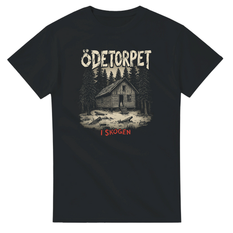 Mörkt illustrerat ödetorp i skogen – grafisk t-shirt i woodcut-stil