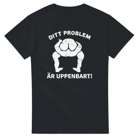 Grafisk illustration av huvud i rumpan med texten Ditt problem är uppenbart