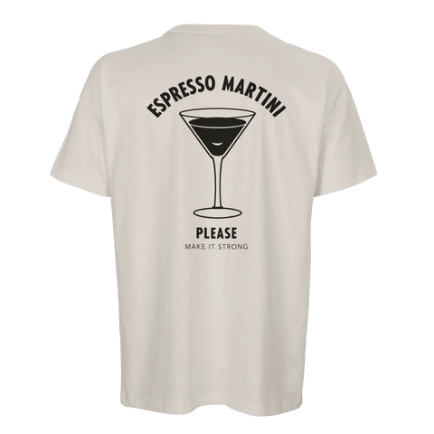 Grafiskt ryggtryck av en kaffedrink på en beige oversized t-shirt