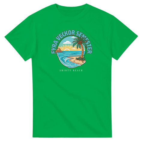 Fyra veckor semester" t-shirt med strand, palm, solnedgång i tecknad stil på grön t-shirt.