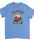 Falu Rödfärg logotyp med röd stuga, tallar och text "Äkta Svensk Kvalitet Original" på ljusblå t-shirt.