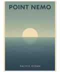 Närbild på en grafisk poster föreställande Point Nemo i minimalistisk stil med dämpade blå och beige färgtoner.