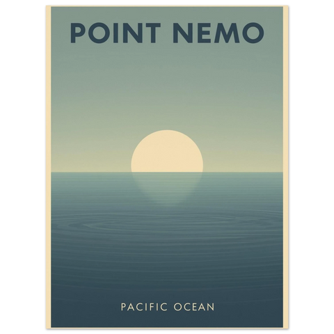 Närbild på en grafisk poster föreställande Point Nemo i minimalistisk stil med dämpade blå och beige färgtoner.