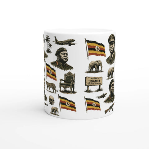 Detaljerat tryck med afrikanska djur och historiska symboler på vit mugg