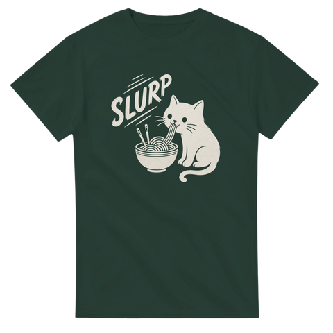 Lekfullt kattmotiv med nudelskål och pinnar – rolig t-shirt design