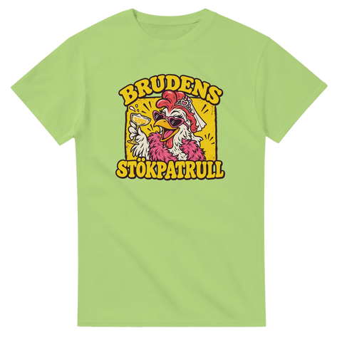 T-shirt med en festglad höna i slöja och texten Brudens stökpatrull