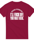 Kaxig textdesign med mörk humor på en röd t-shirt
