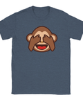Apan som håller för ögonen emoji, "Hehe, oj" text på mörkblå t-shirt.