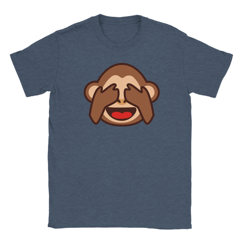 Apan som håller för ögonen emoji, "Hehe, oj" text på mörkblå t-shirt.